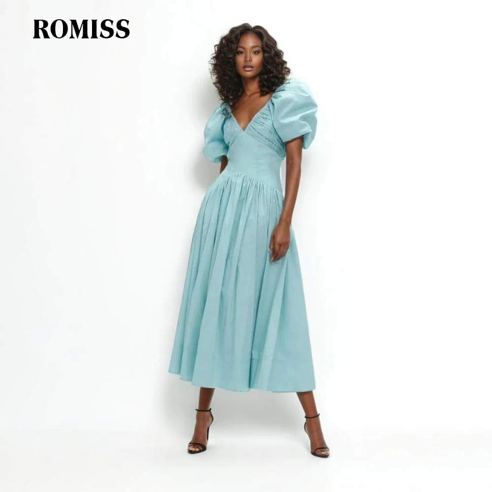 

ROMISS Spliced Folds Midi Dresses For Women V Neck Puff Sleeve High Waist Patchwork Zipper Elegant A Line Dress Female Summer