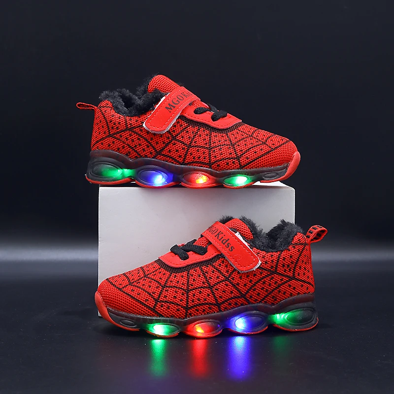 Mgo Kidss Winter Fleece-Lined Children's Light-Up Shoes, Sizes 21-36, Kids' Glowing Shoes, Boys' and Girls' Running Shoes, Baby Flashing Sneakers, Led Light-Up Sports Shoes with Mesh Spider Web Design, Suitable for Children Aged 1-3-6-9, Warm and Thickened with Fleece Lining