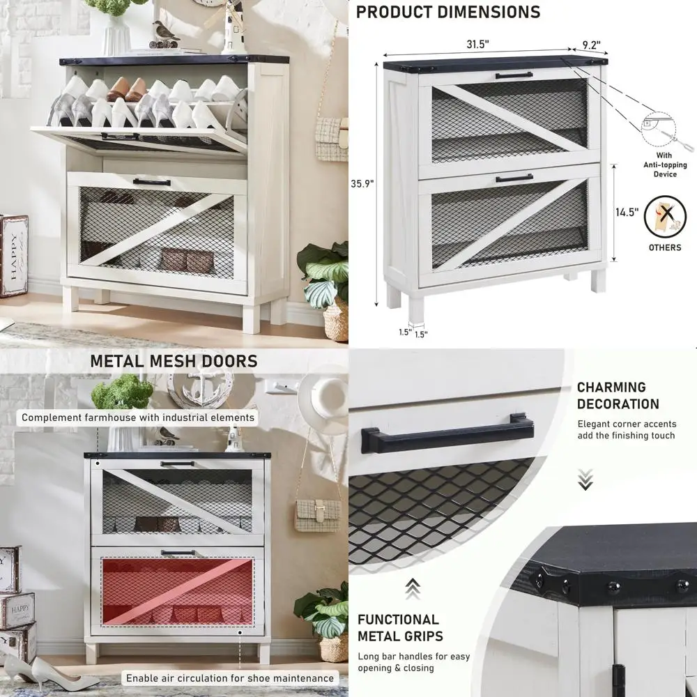 

Rustic Farmhouse Style Shoe Cabinet with Mesh Front Doors and Adjustable Shelves