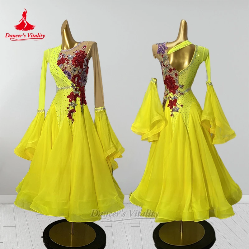 

Танцовщица Vitality Waltz Tango Championships Наряд для социальных танцев с длинными рукавами и цветочным узором Желтые большие распашные платья по индивидуальному заказу