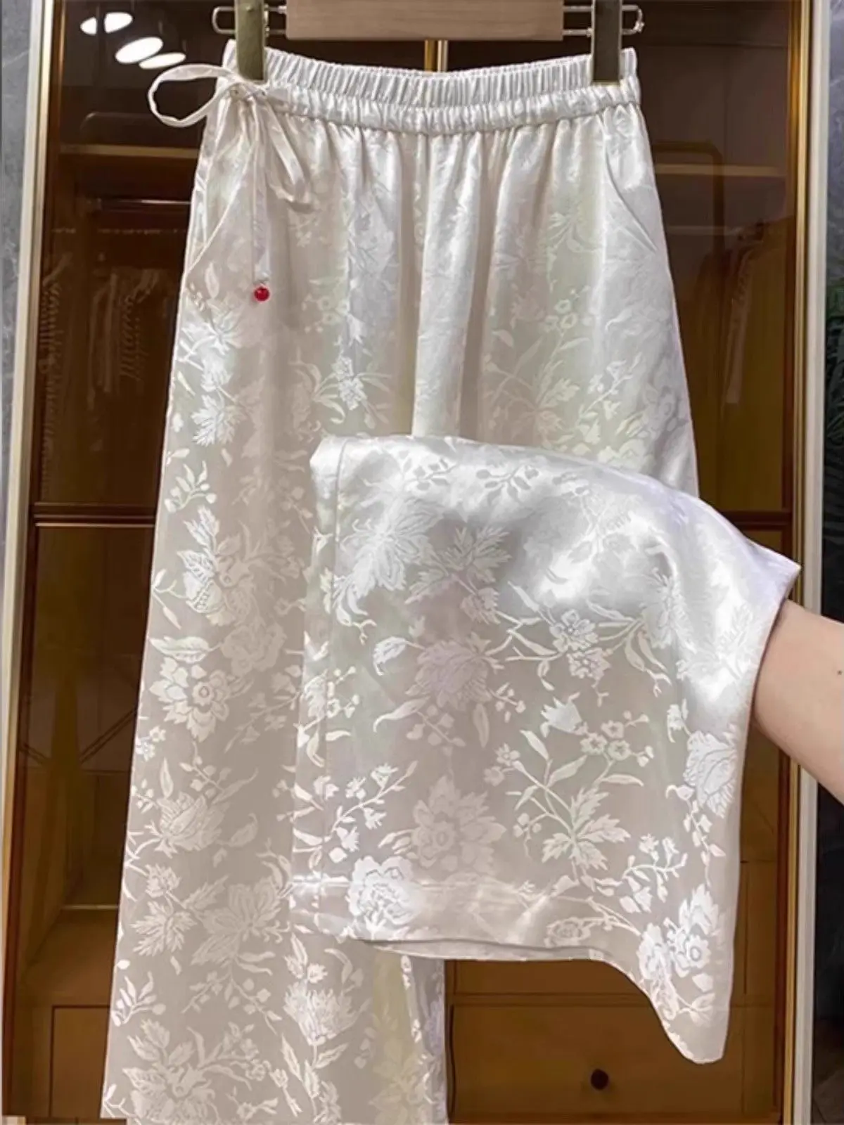 

Повседневные женские модные брюки с высокой талией, прямого кроя, свободные, летние, тонкие, из ацетатного ледяного шелка, с вышивкой TKA, из атласа, широкие штанины