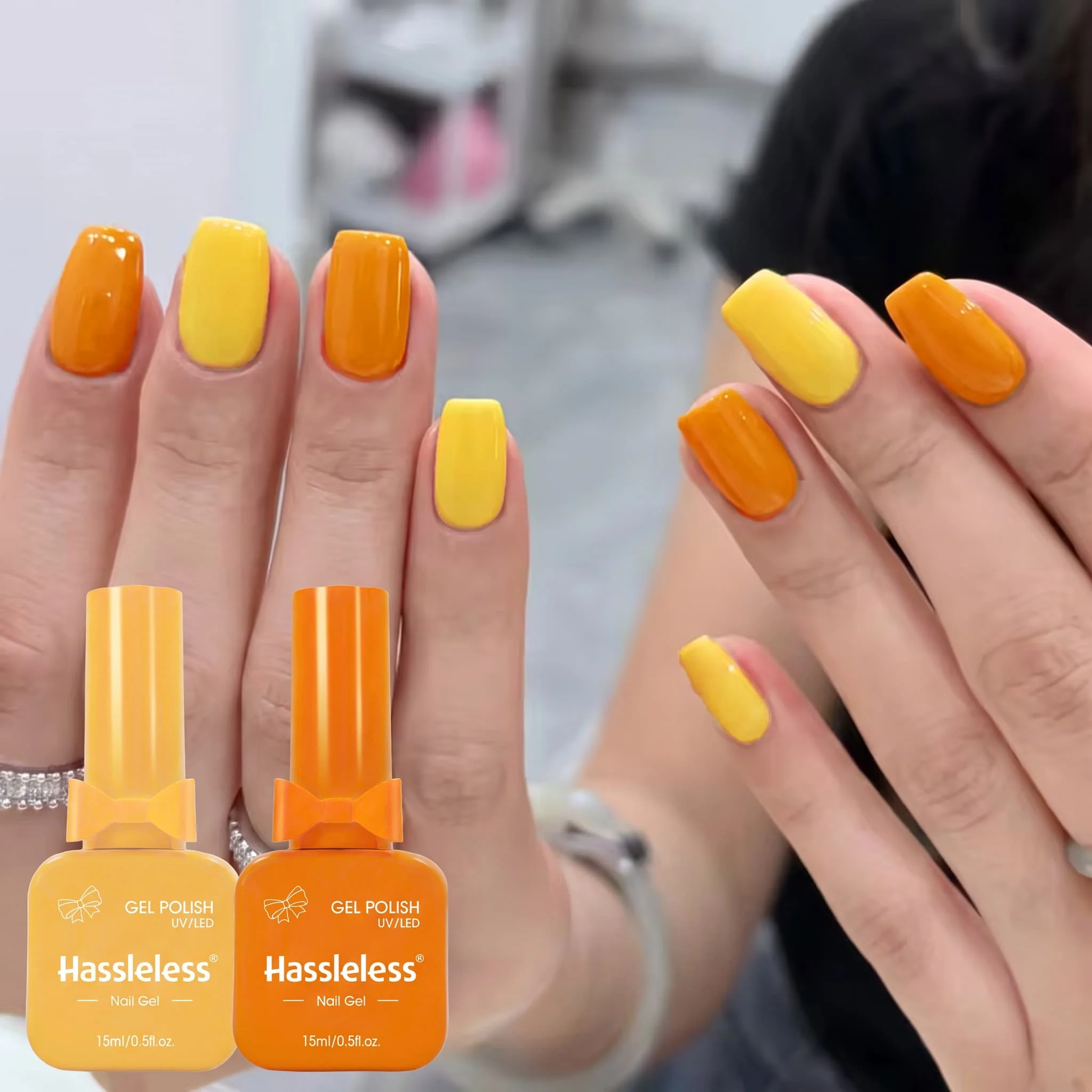 Hassleless 2-Piece Armor Gel Polish Set, 15ml Large Capacity Bottle, Fresh Lemon Yellow and Vibrant Warm Orange Color Combination, Pure Color, Transparent and Bright Color, Salon and Home DIY Nail Art Set That Enhances Complexion