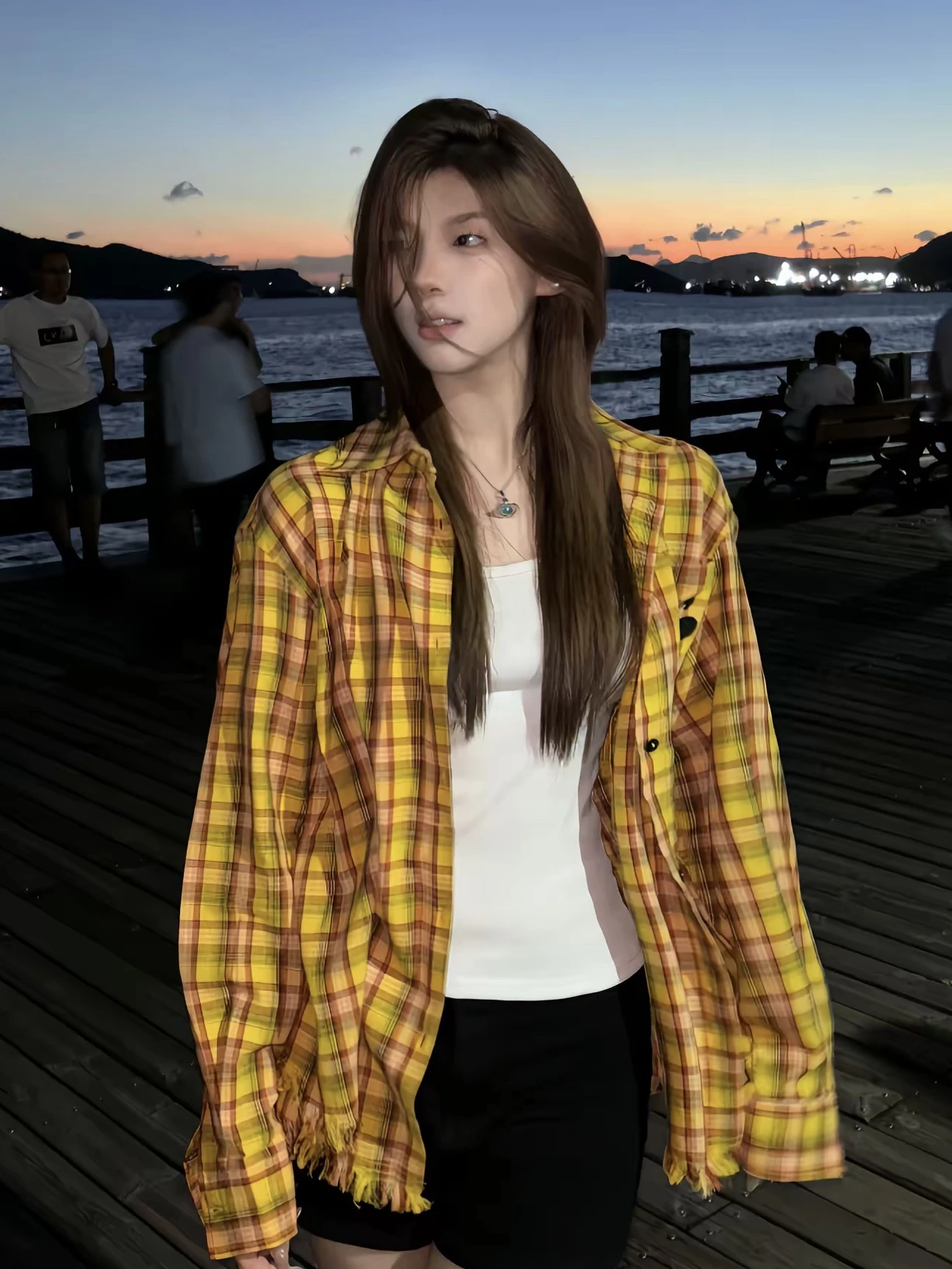 

Летний пляжный кардиган в американском стиле Sle Plaid irt, свободный крой, длинный воротник све, желтый id Dopane Hem, дизайн, мужской топ