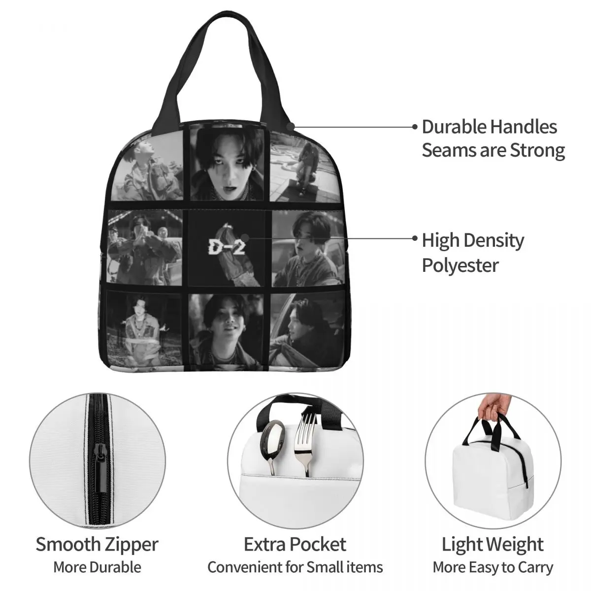 Agust D Collage Insulated Lunch Bags Cooler Bag Lunch Container Kpop Portable Tote Lunch Box Food Storage Bags Office Outdoor