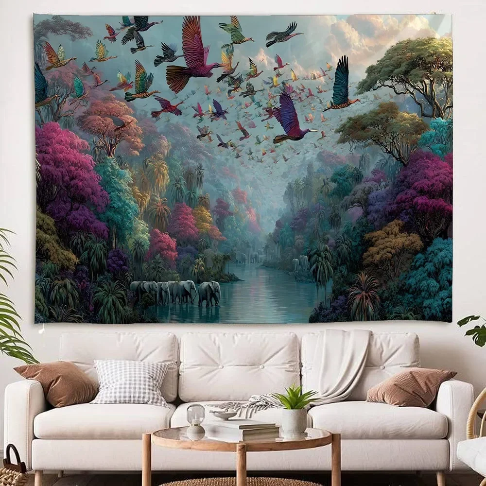 Colorful Jungle Elephant Tapestry with Dreamy Flowers And Birds Mural for Bedroom Living Room Dormitory Wall Decorative Backgrou