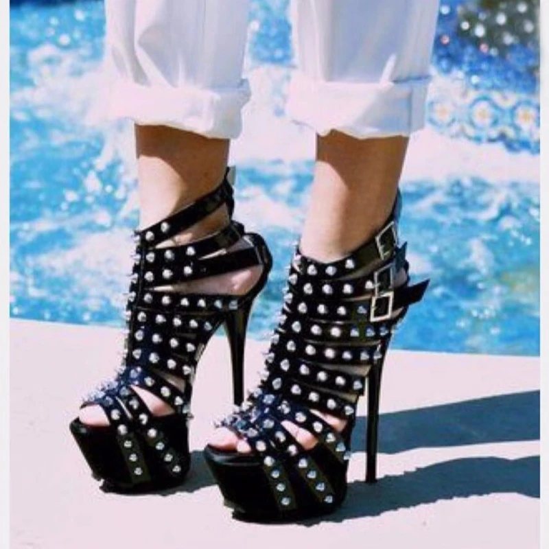 2024 New Summer Platform High Heels Sandals Women Sexy Peep Toe Pumps Fashion Rivet Decoration Ladies Party Pole Dance Shoes