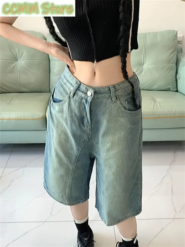 Summer Street Women's Regular Cropped Jeans Young Girl Wide Leg Denim Shorts Female High Waist Loose Retro Capris Pants