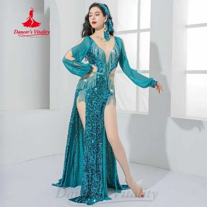 

Belly Dance Performance Costume for Women Light Luxury Sequin AB Stones Fringe Dress Adult Oriental Dance Competition Clothing