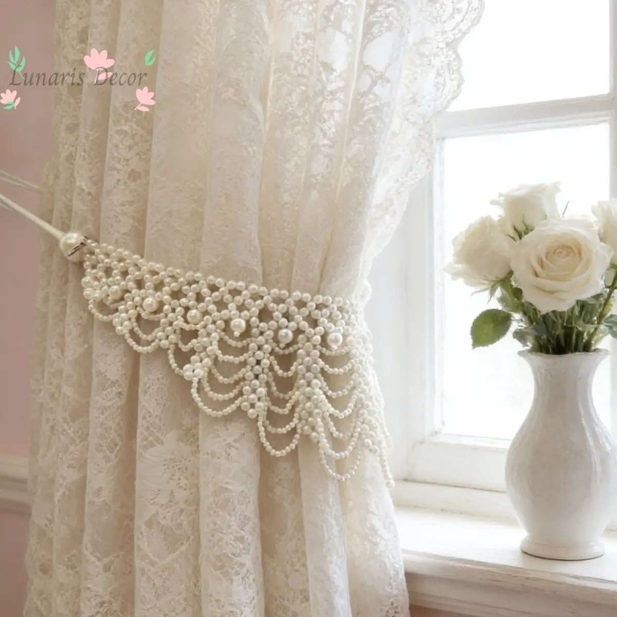 Luxurious light luxury handmade living room curtains, pearl DIY decorative beads, pendants, tassels, lace, curtain ties