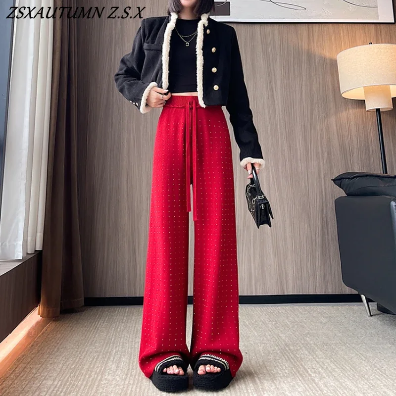 Diamond Knitted Wide-leg Pants Women Autumn Winter Korean Fashion High Waist Straight Loose Thick Casual Female Trousers