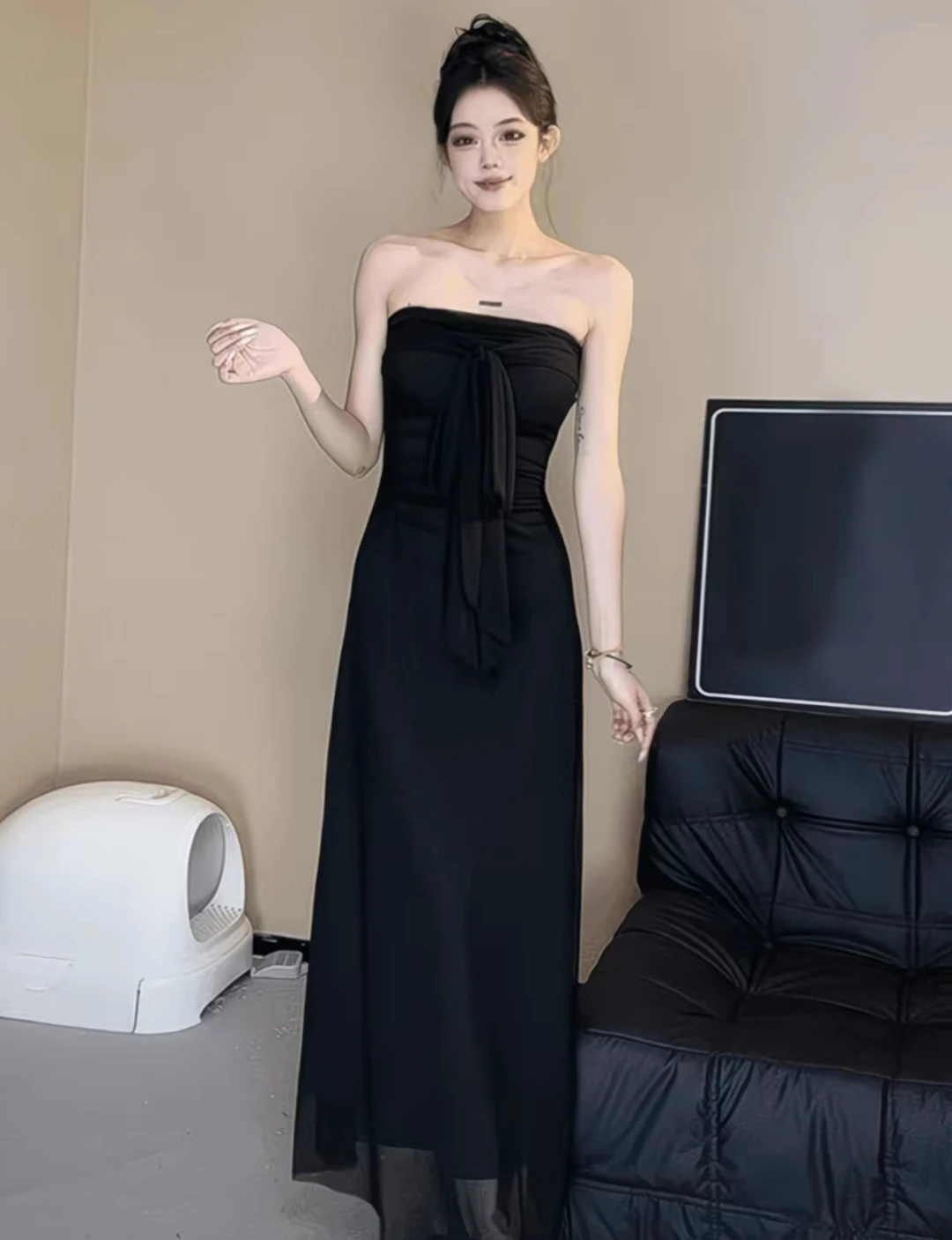 Vestidos Mujer Matrimonio Sin Mangas Milkmaid Ruched Recogido Smocking Elasticidad Cintura Apretada Cordón Ajustable Equipado Commute