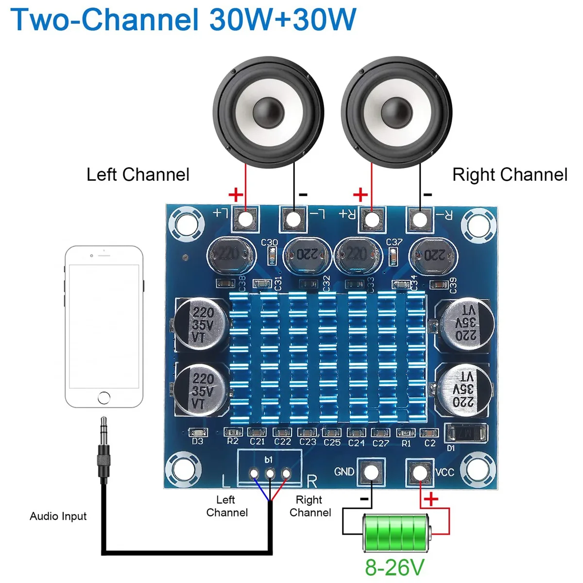 4Pcs TPA3110 XH-A232 30W+30W 2.0 Channel Digital Stereo Audio Power Amplifier Board DC 8-26V 3A