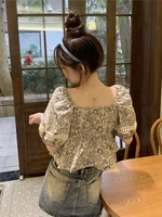 Novel National Attractive Tunic Women French Summer Neck Patchwork Frill Cropped Sleeve Young Look - Image 3