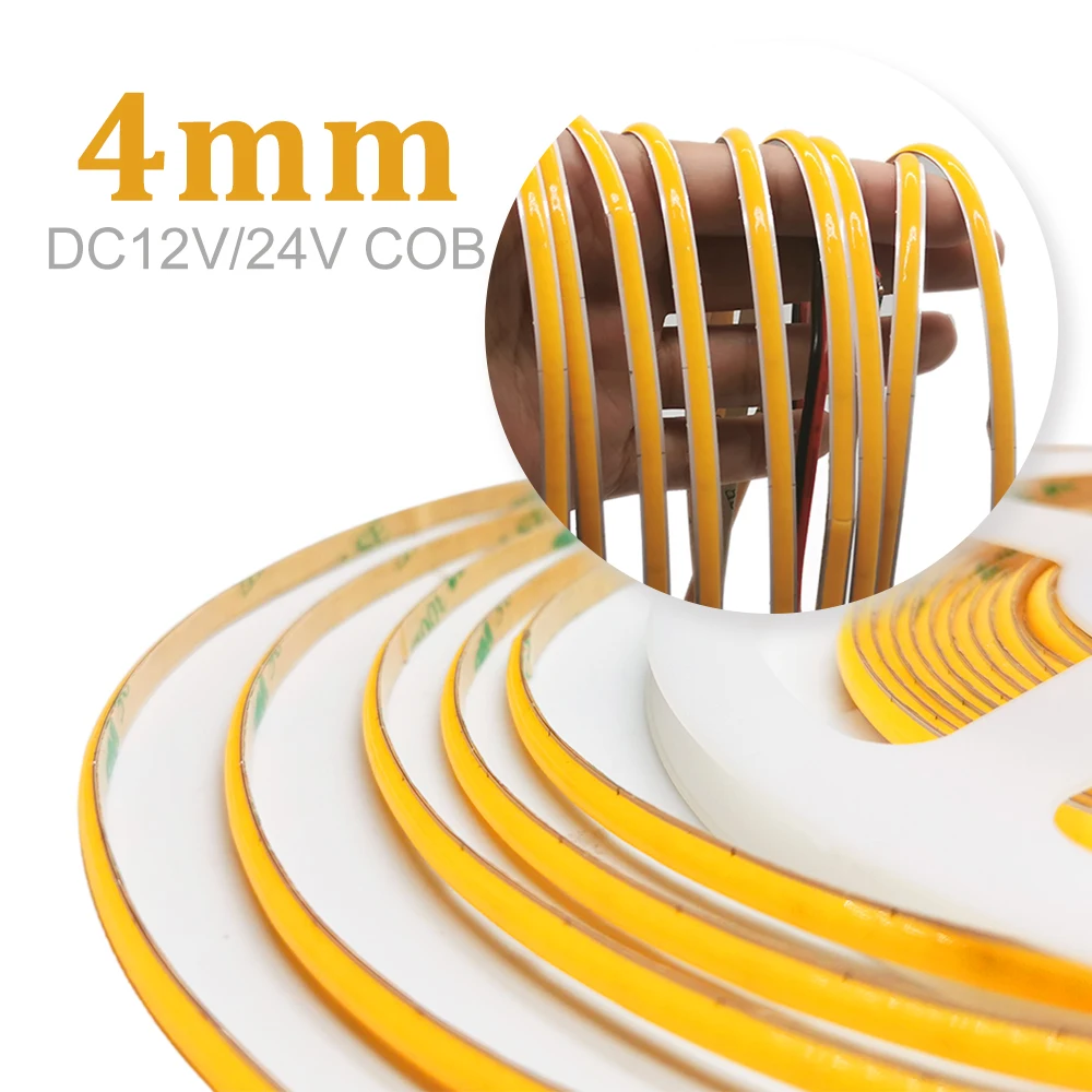 

DC12V 24V 4mm Super Thin COB LED Strip Lights Soft 480LEDs/m High Density Flexible Tap Ribbon 3000K 4000K 6000K Linear Dimmable