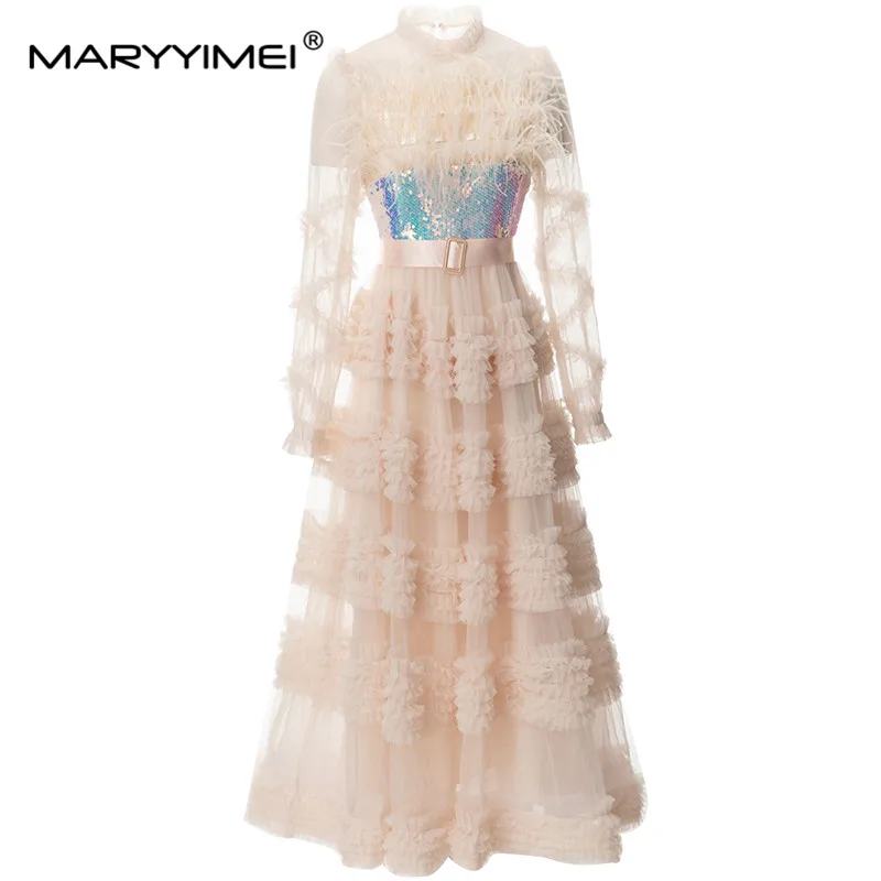 

MARYYIMEI Fashion Designer spring Summer Women's Lantern Sleeved Feathers Sequins Mesh Flounced Edge Sashes Elegant Dresses