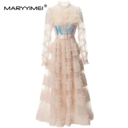 MARYYIMEI Fashion Designer spring Summer Women's Lantern Sleeved Feathers Sequins Mesh Flounced Edge Sashes Elegant Dresses