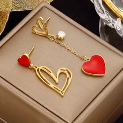 XINYIXIN 316L Stainless Steel Zircon Red Heart Drop Earrings For Women Asymmetric Ear Jewelry Party Birthday Gifts Fashion Girls