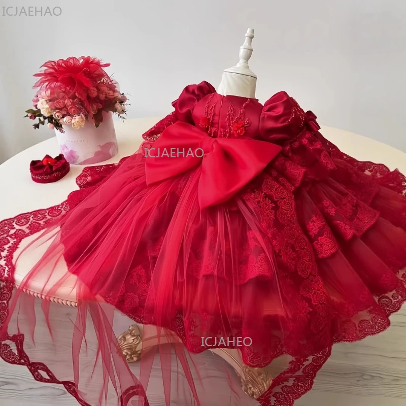 Red Girls Princess Dress Children Lace Ruffles Party Gown Full Moon First Birthday Celebration Long Sleeve Pageant Formal Attire