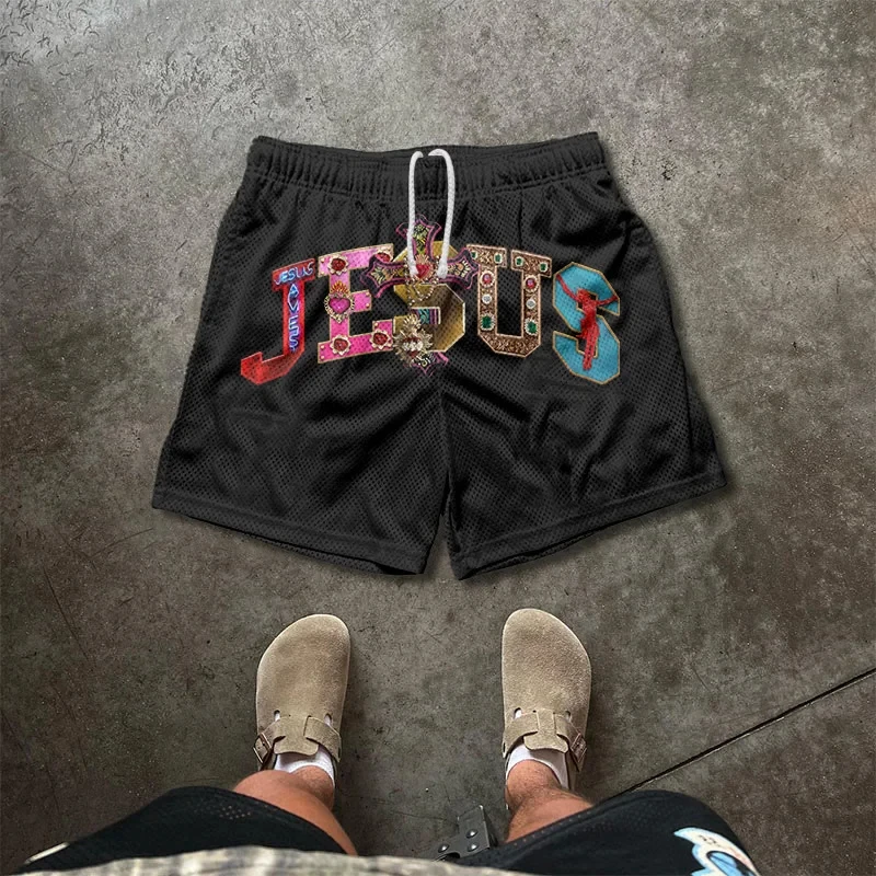 Summer Casual Shorts Pocket Drawstring Gemstone Jesus Graphic Print Easter Sports Shorts Breathable Short Beach Pants Moto Moto