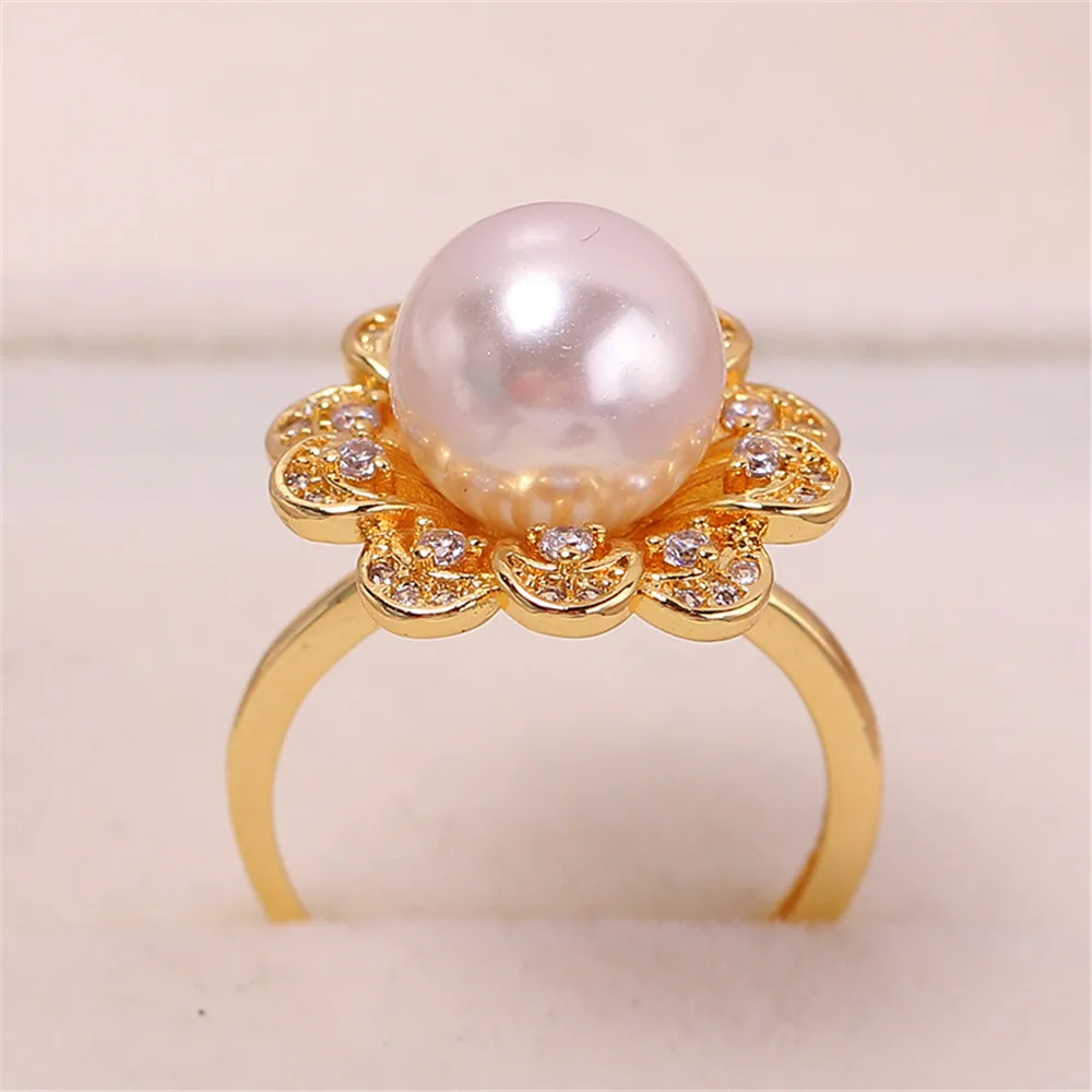 DIY Jewelry Accessories, Flower Shaped Zircon Copper Plated with 18K Gold, Pearl, Jade, Agate Ring, Air Holding Atmosphere