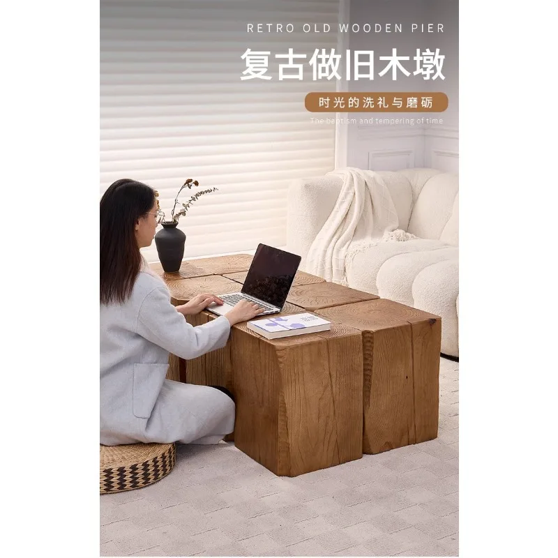 

Log pier square solid wood coffee table old root carving stool retro bedside table