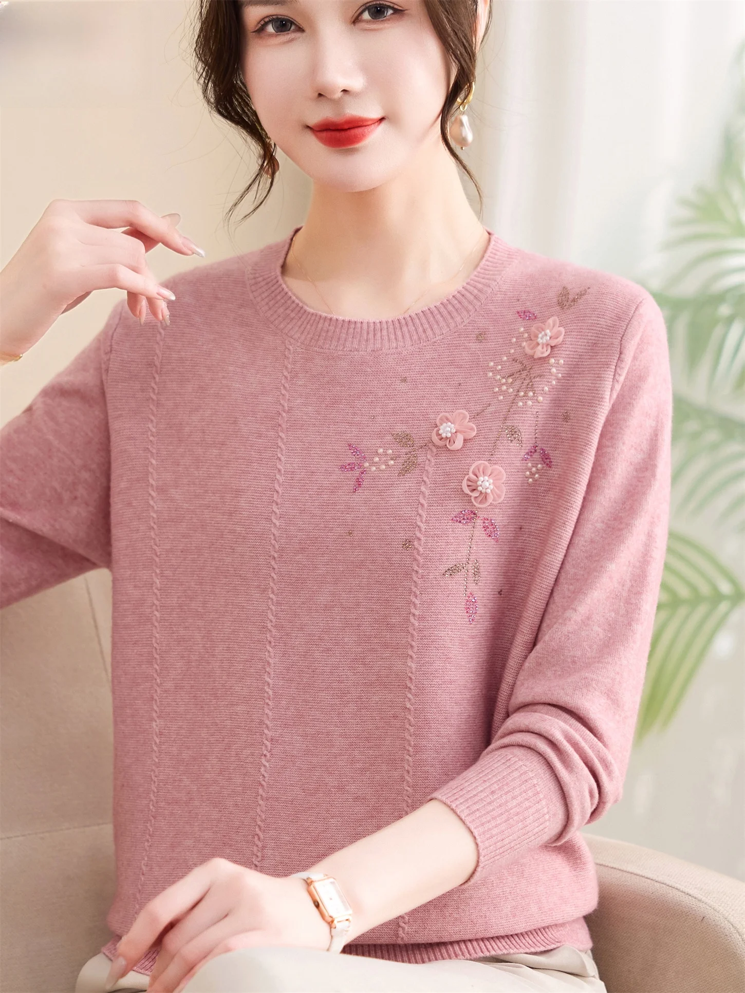 

Весенний шерстяной свитер с круглым вырезом для женщин, базовый слой, модный вязаный топ для среднего и пожилого возраста