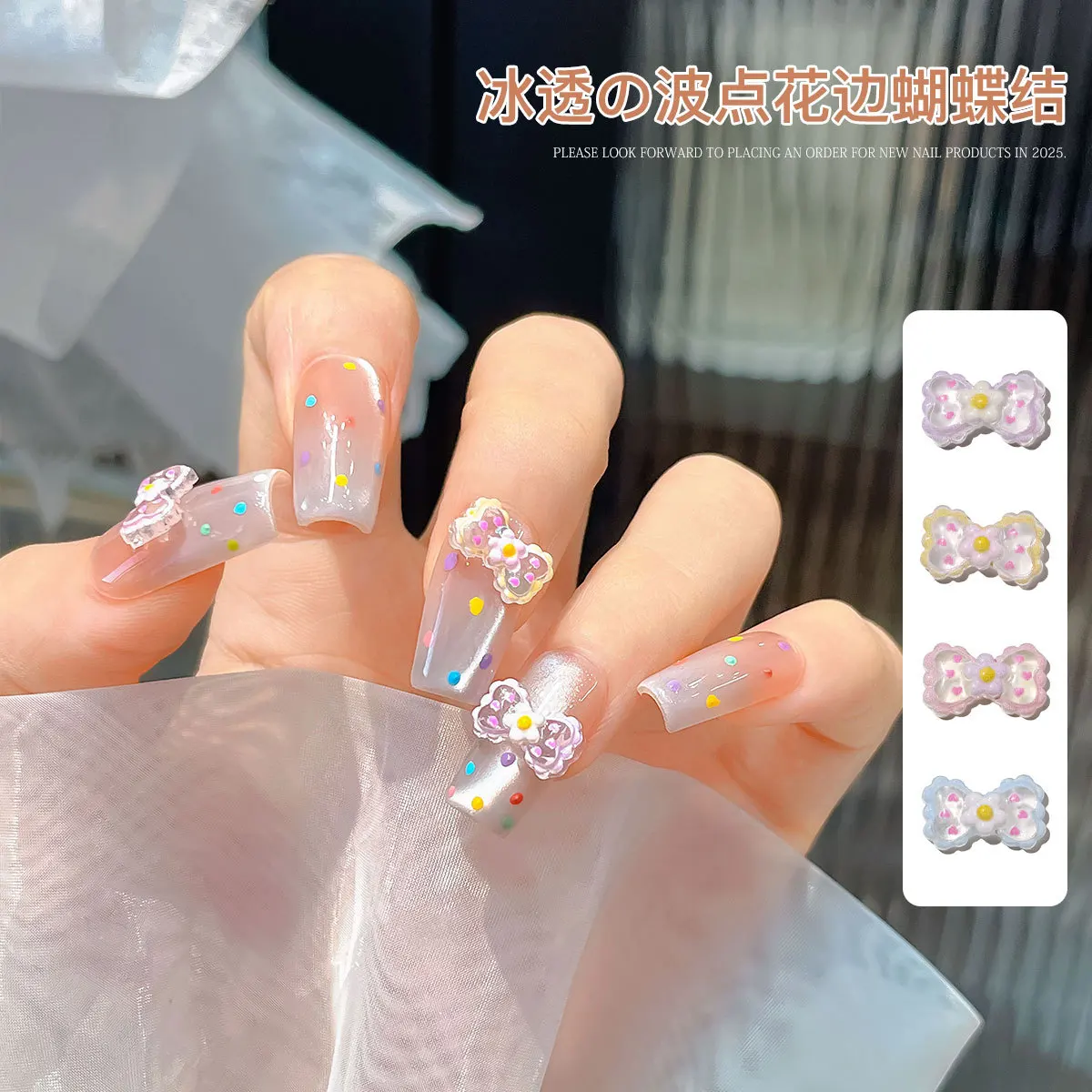 Akcesoria do zdobienia paznokci w kropki z kokardką, cyrkoniami, iluzoryczna żywiczna wstążka, nieśmiertelna francuska baletnica, akrylowa ozdoba, zawieszka.