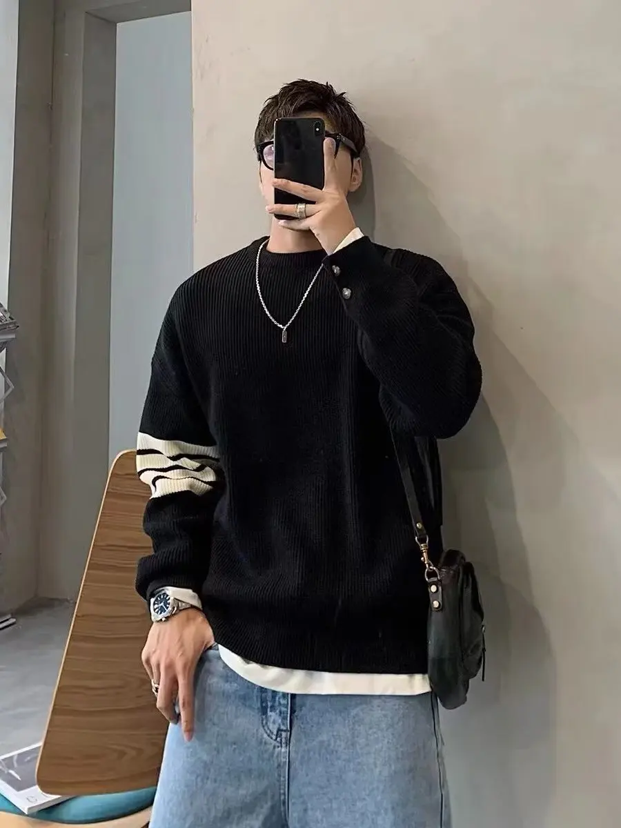

Модный вязаный пуловер с длинными рукавами и круглым вырезом для мужчин, осенне-зимний, с четырьмя полосками, повседневный, свободного кроя, для ежедневной носки