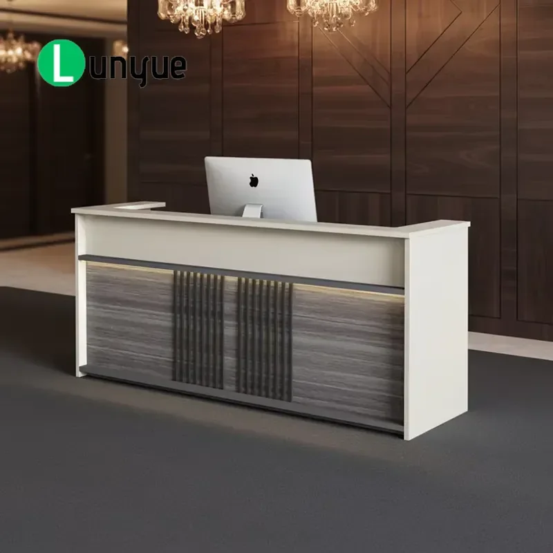 Modern Wooden Reception Desk with LED Lighting Eco Friendly Commercial Front Counter for Hotel Gym School Office Building