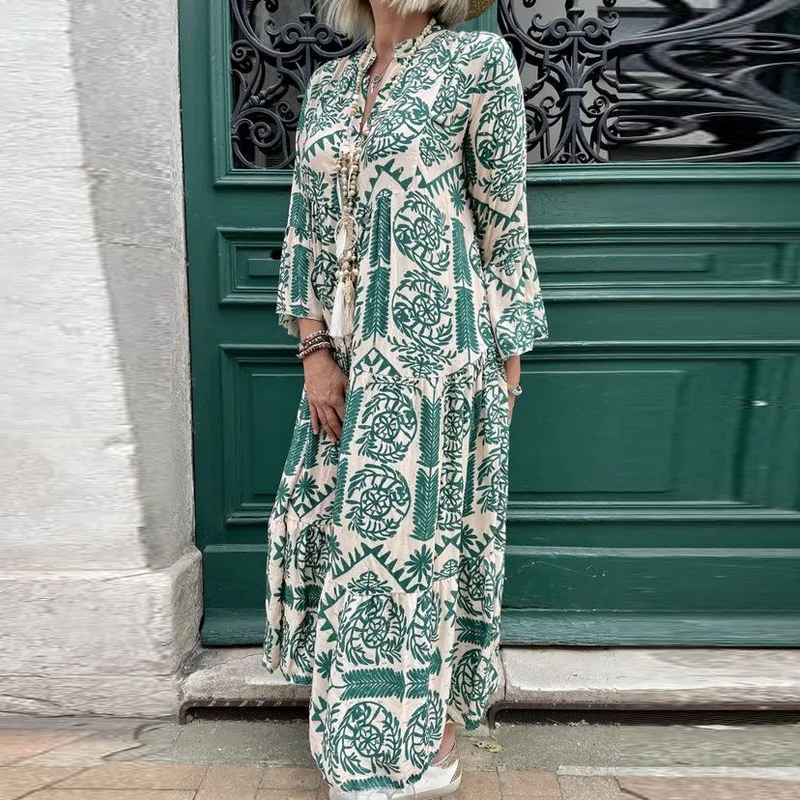 

Fashion Street Bomber Large Swing Women's Long Robe Casual Loose Female Maxi Dress Fall Vintage Print Flare-sleeved Shirt Dress