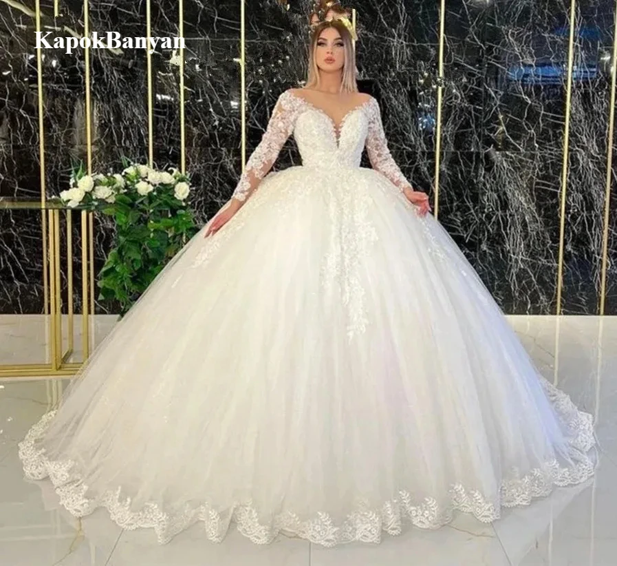 Elegant Lace Appliques ชุดบอลชุดแต่งงานชุด V คอยาวแขน Sweep Train เจ้าหญิงชุดเจ้าสาว 2025 Vestido De Novia