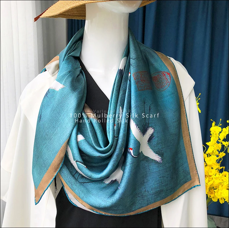 Vintage Pure Mulberry Scarf Wrap Shawls 110*110 Silk Square Scarf Large Hand Rolled Silk Scarf Foulard En Soie 110cm Scarfs