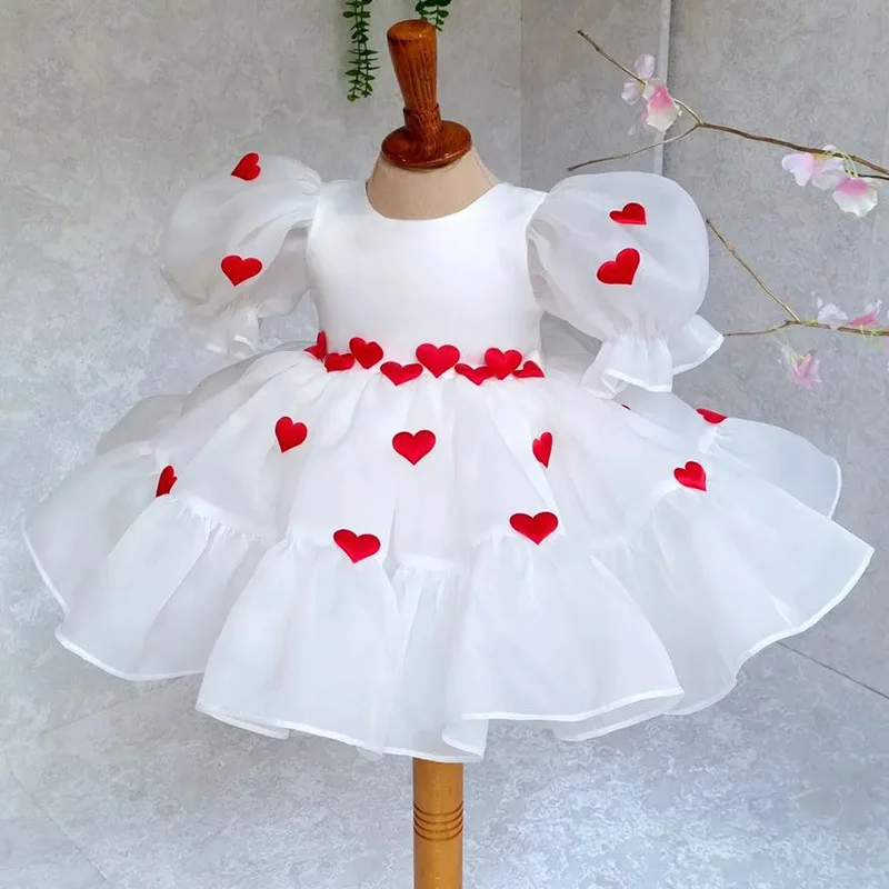 Girls Summer New Red Love White Bubble Sleeve Mesh Fluffy Dress Birthday Party Wedding Flower Girl Sweet and Cute Dress