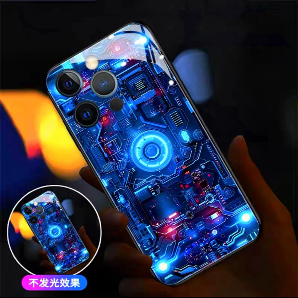 

Luxury Blue Chip Pattern Smart LED Light Glow Tempered Glass Phone Case For iPhone 16 E 15 14 13 12 11 Pro Max X XR Plus