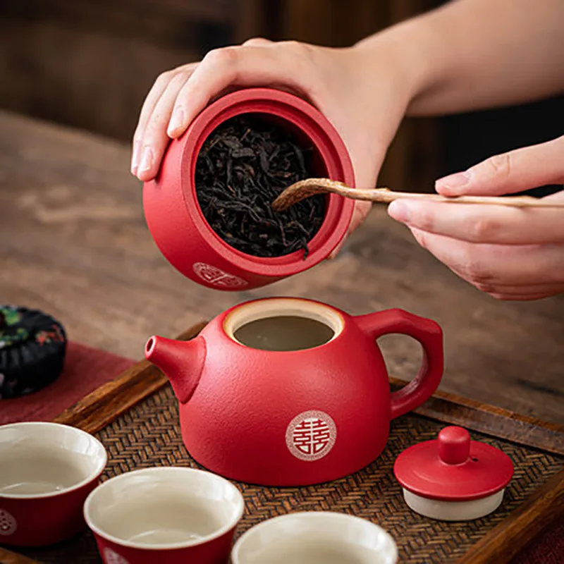 Ceramic Red Wedding Tea Set Teaware Porcelain Chinese Teapot Caddy Cup Double Happiness Kettle With Gift Box Party Banquet