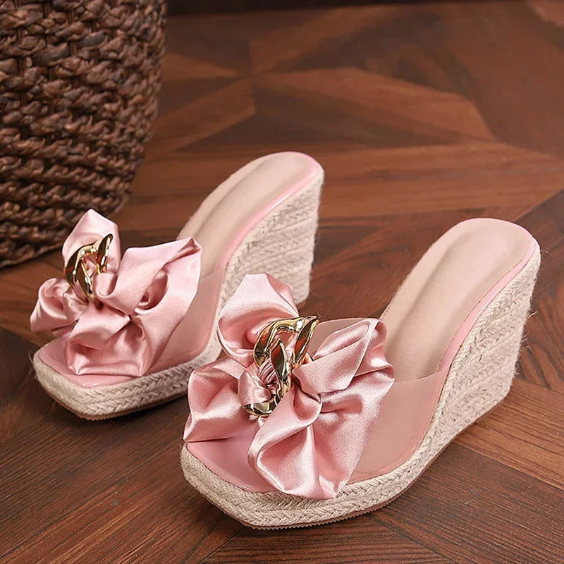 New Wedges Slippers For Women 2025 Summer Fashion Pink Butterfly-knot Sandals Platform Heels Size 46 Female Shoes