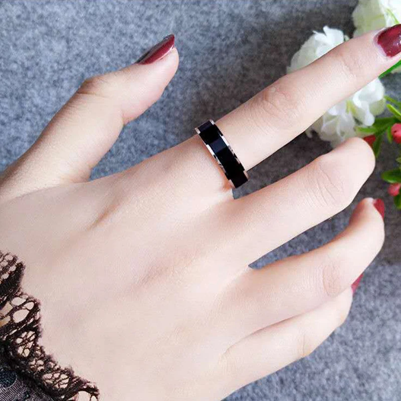 Rose Gold Color White Black Charm Ring for Woman Man Custom Engrave Name Wedding Jewelry 316L Stainless Steel Never Fa