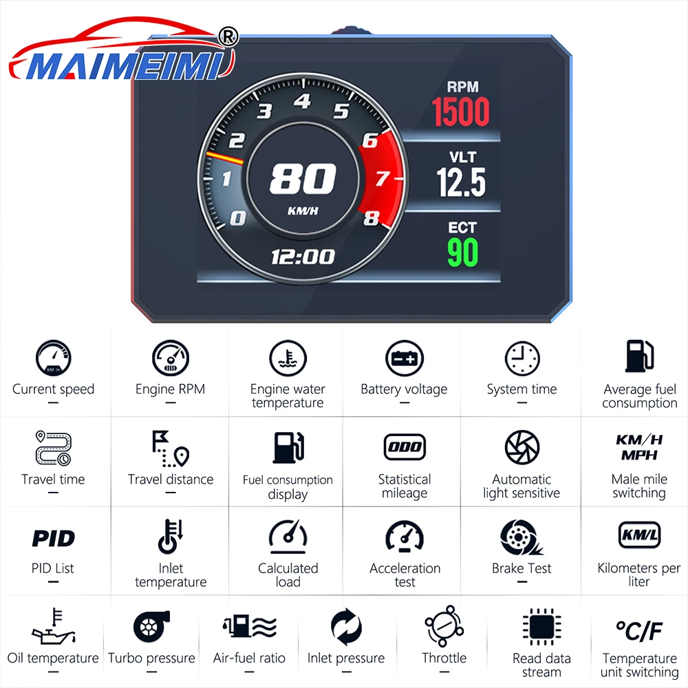 P16 LCD Gauge OBD2 Head Up Display Turbo Boost Oil Pressure Oil Temperature Fuel Consumption Car Speed Gauge