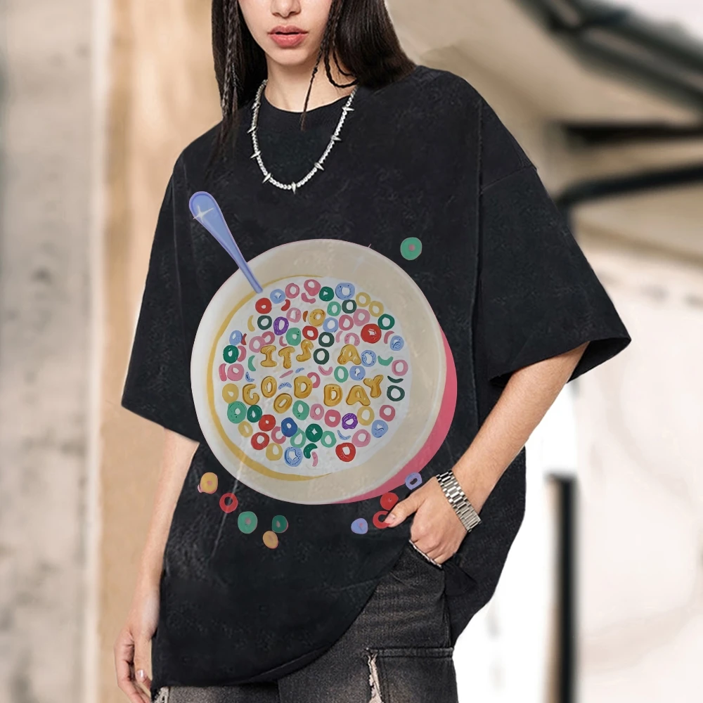 

Trendy Vintage Unisex Graphic T-shirt Cereal Bowl T-shirt Premium Cotton High Quality Oversize Washed T-shirt Colorful Y2K Style