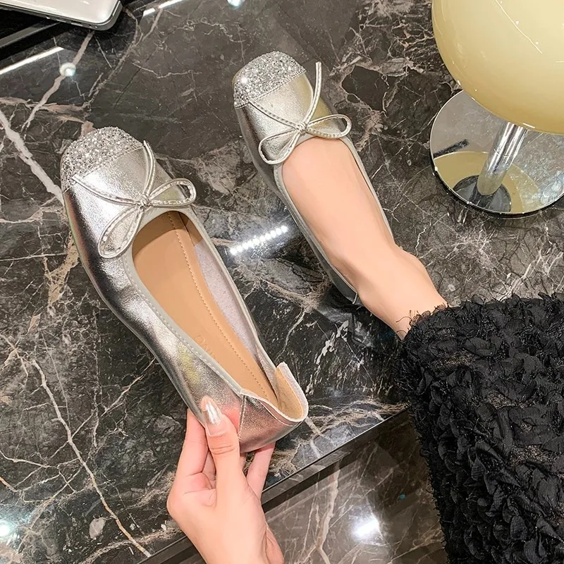 

French Style Flat Bottom Mary Jane Shoes Women's Soft Sole Low Cut Silver Butterfly Knot Grandmother Shoes Comfortable Summer...