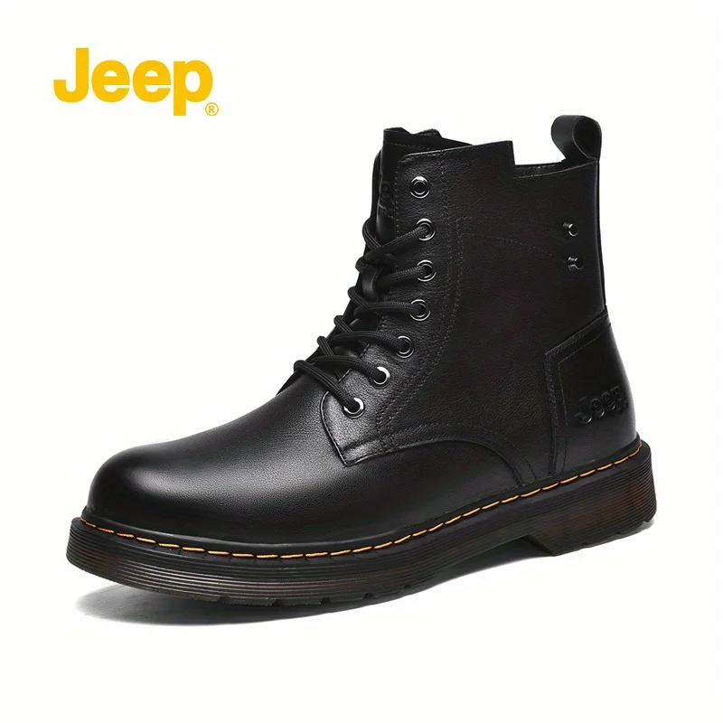

Jeep Men's British Style Work Boots Biker Boots Black Leather Thick Sole Height Increasing Wear-Resistant Boots