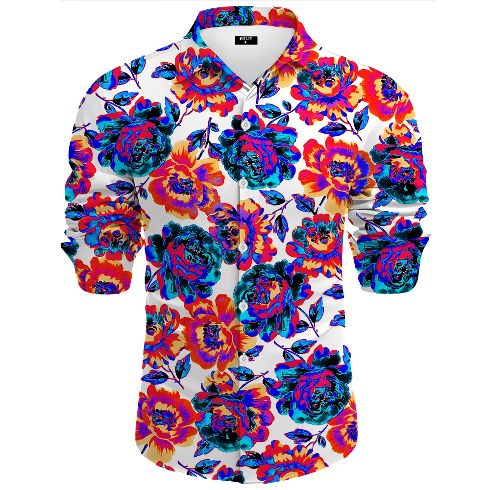 Mens Floral Graphic แขนยาวลงเสื้อลําลองดอกไม้ 70s พิมพ์รูปแบบผู้หญิง 3D เสื้อพร้อมกระเป๋า