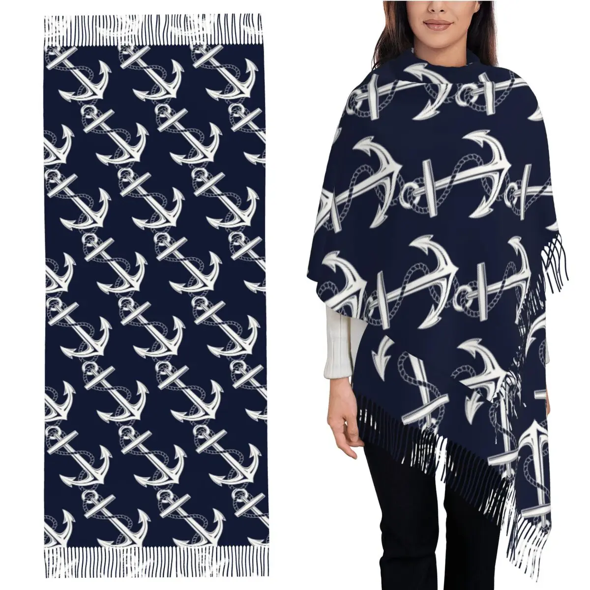 

Якор Морской белый и темно-синий шарф, шарфы с кисточками, женские мягкие теплые шали и накидки, длинная осенне-зимняя шаль