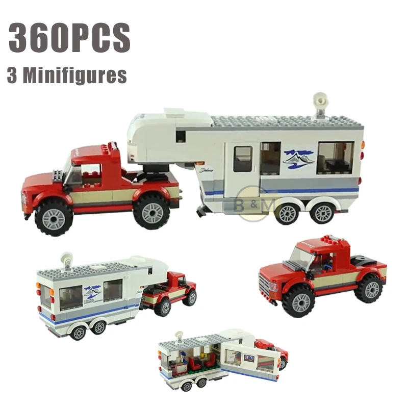 Coche de Camping de la serie City para padres e hijos, 360 piezas, Mini modelo de bloques de construcción autoblocantes, juguete para niños, regalo de cumpleaños y Navidad