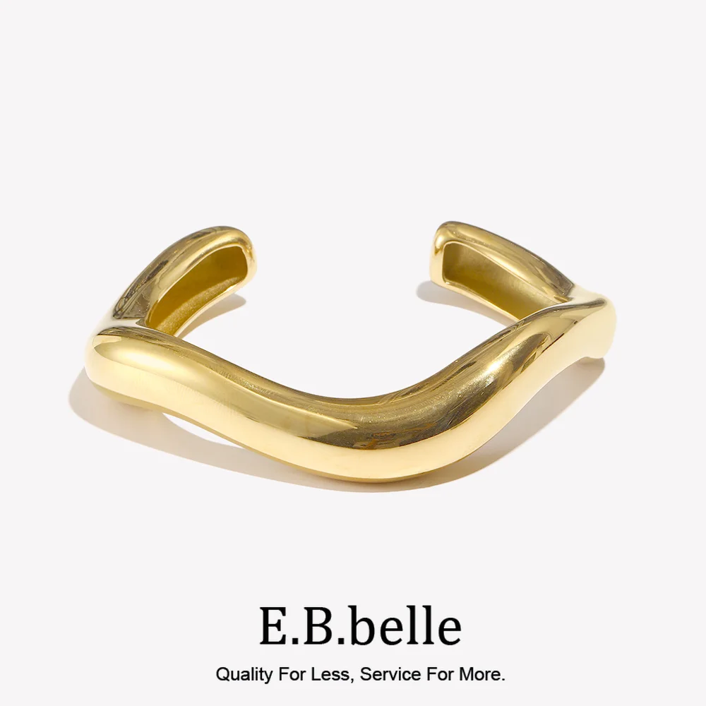 E.B.belle Exaggerated Irregular Liquid Wave Open Bracelet 18K Gold Plated Women\'s Hand Bracelets Stainless Steel Jewelry