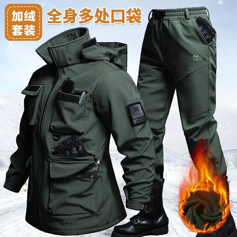Plush Tactical Assault Suit Men Multiple Pockets Cycling Fishing Hunting Exploration Wear-resistant Work Clothes Waterproof Suit