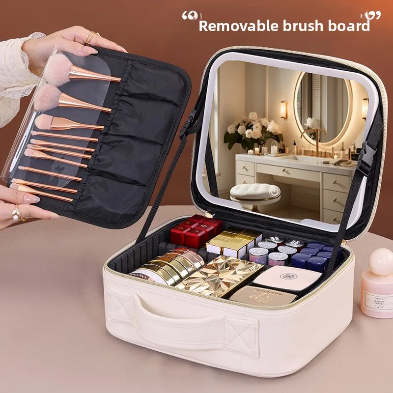Cross-border High Aesthetic ValueLEDLight Strip Mirror Makeup Case Large Capacity Travel Portable Handheld Cosmetic Storage Bag