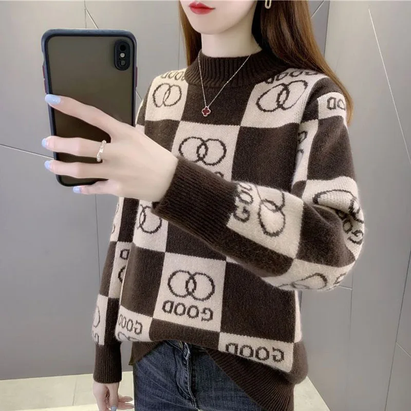 Autumn and Winter Fashion Trends Half High Collar Colored Jacquard Loose Versatile Casual Western Style Women\'s Knitted Sweater