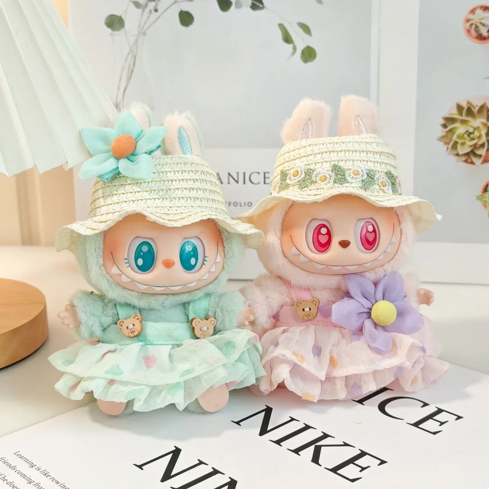 For 15/17cm Labubu Doll Clothes  Wrinkled Dress Knitted Straw Hat  Vacation Style Dressing Labubu Clothes Ropa Labubu