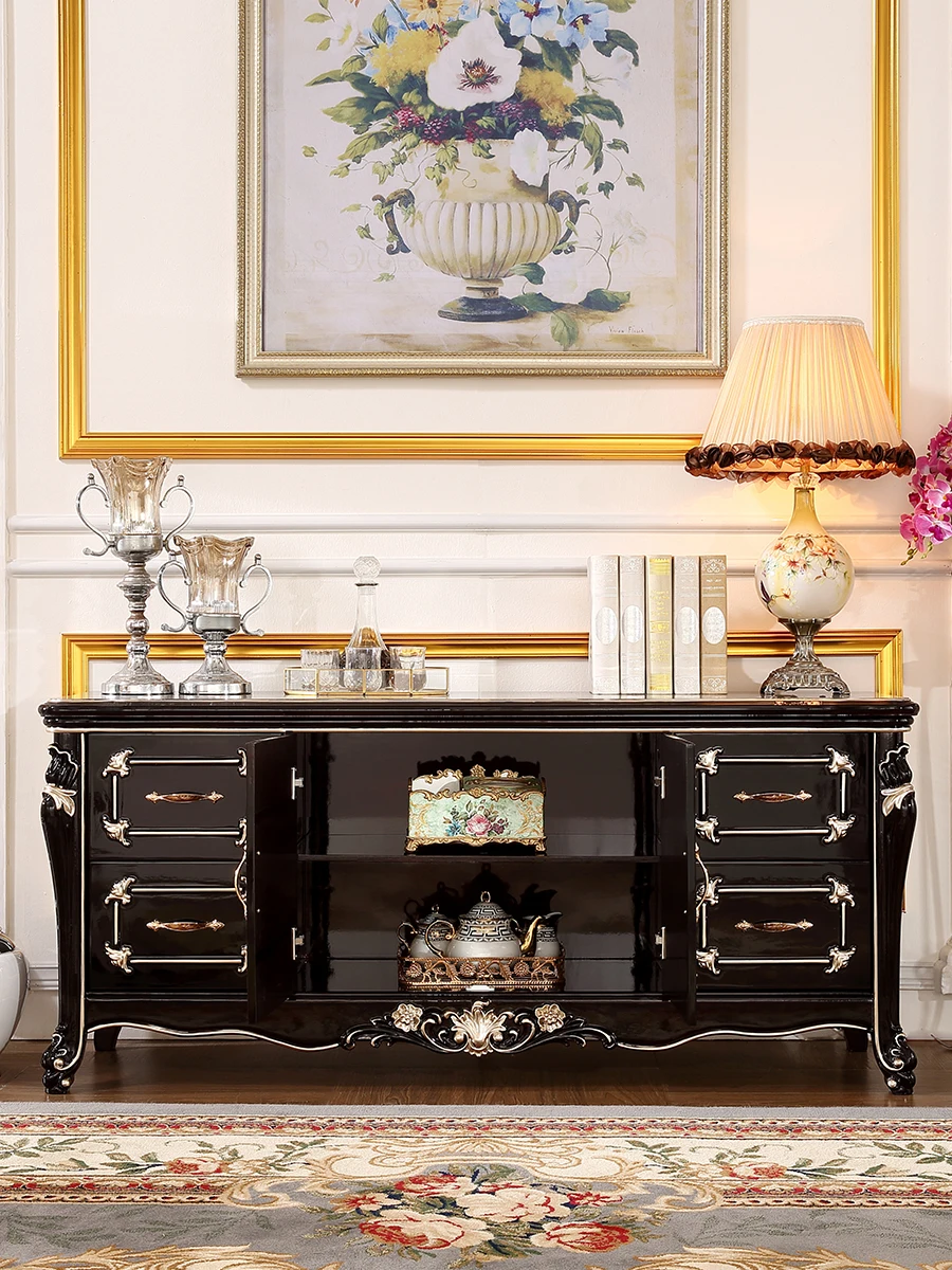 European style bedroom TV cabinet, master bedroom, high-end solid wood living room, ebony color storage cabinet